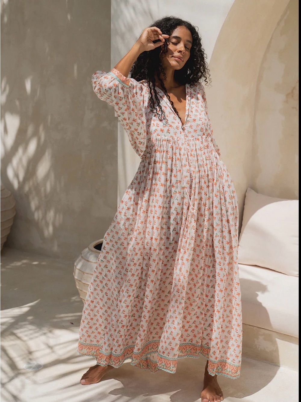 Daughters of India Kyra Coral Floral V-Neck Maxi Dress 3/4 Balloon Sleeve S